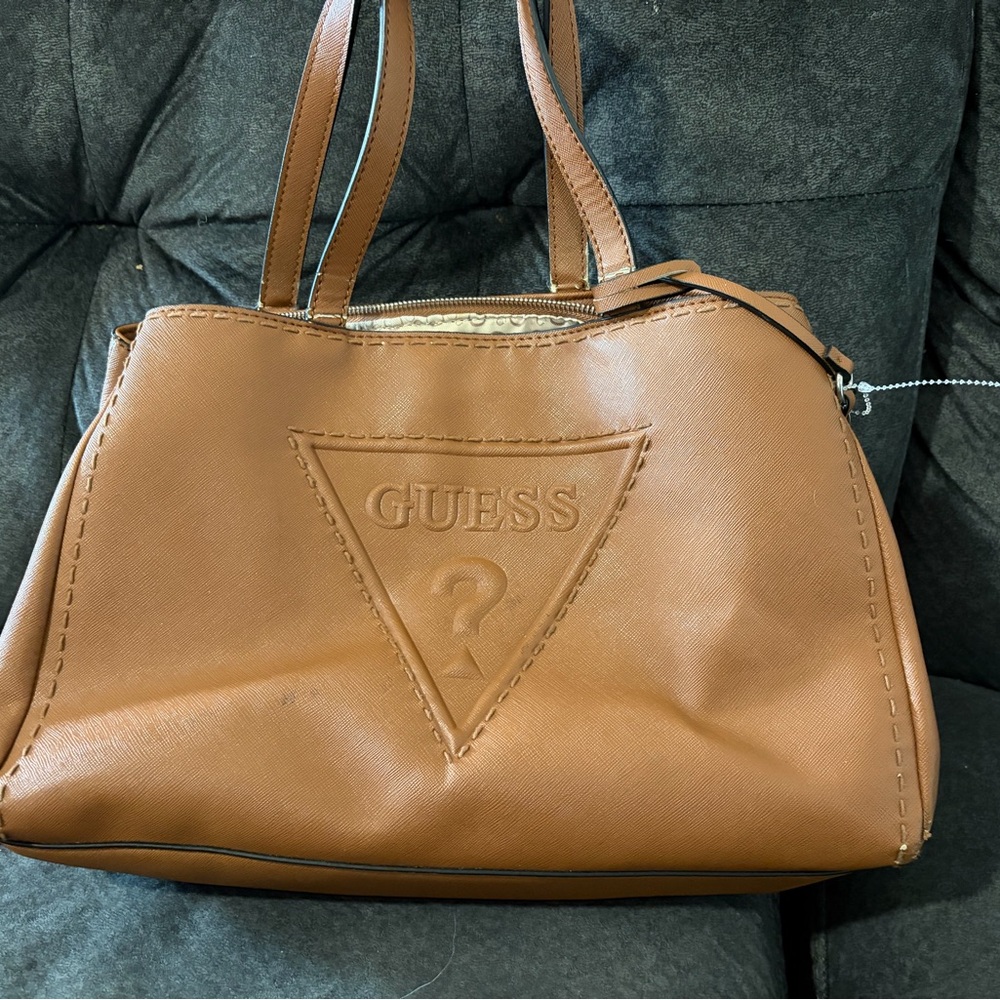 GUESS Cognac Brown Embossed Logo Tote